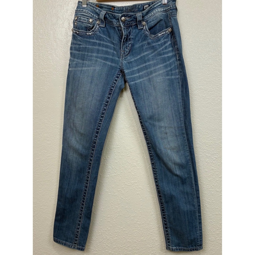 Miss Me Signature Skinny Jeans Fleur De Lis Embellished Medium Wash 30 JP7021S2